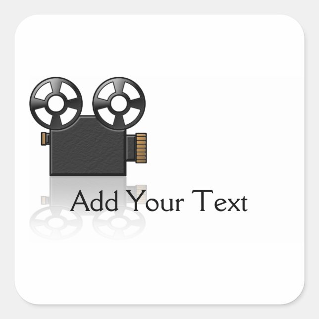 Movie Camera in Black and Gold on White Square Sticker (Front)