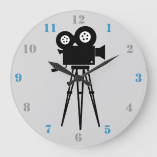 MOVIE CAMERA (WITH BLUE AND GRAY NUMBERS) LARGE CLOCK