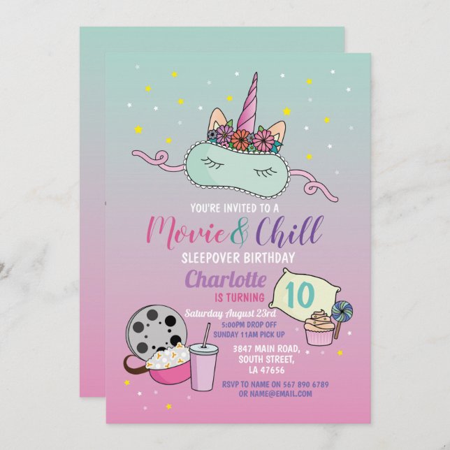 Movie & Chill Birthday Unicorn Sleepover Slumber Invitation (Front/Back)