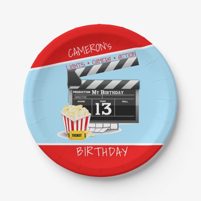 Movie Clapboard Popcorn 13th Birthday Paper Plate (Front)