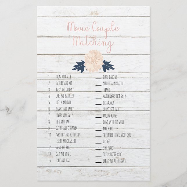 Movie Couple Matching Bridal Shower Game