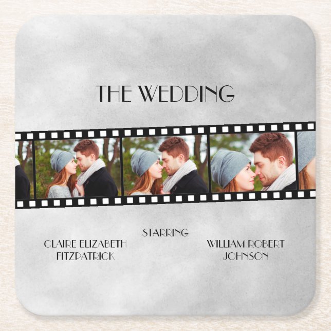 Movie Film Strip Photo Collage Wedding  Square Paper Coaster (Front)