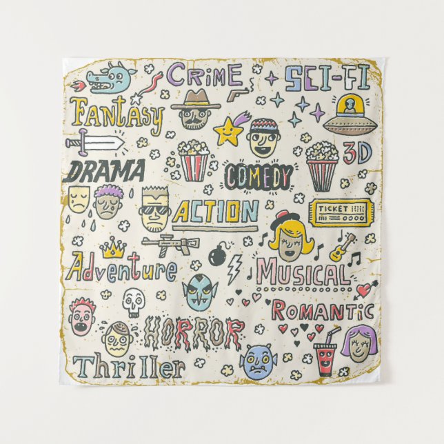 Movie Genres: TV Shows Doodle Set Tapestry (Front)