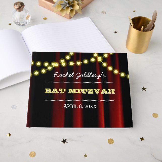 Movie Lights Yellow Bat Mitzvah Guest Book (Front Open)