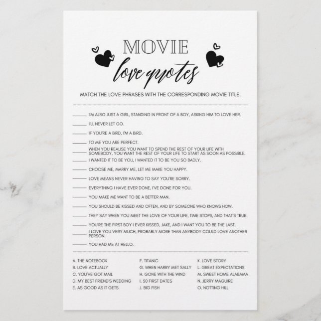 Movie Love Quotes shower game flyer (Front)