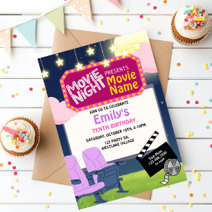 Movie Night, Backyard Movie, Popcorn, Birthday Invitation