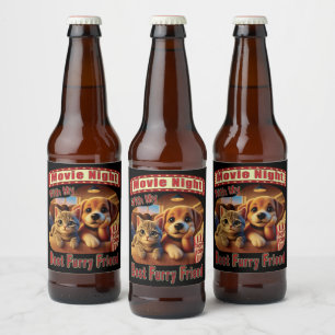 Movie Night - Best Furry Friend - Cute Cat & Dog Beer Bottle Label