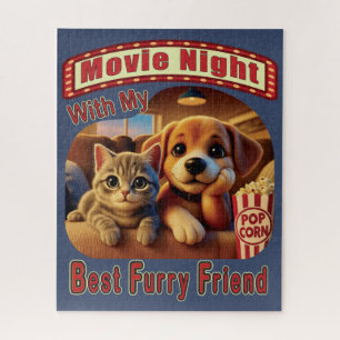 Movie Night - Best Furry Friend - Cute Cat & Dog Jigsaw Puzzle