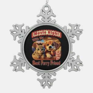 Movie Night - Best Furry Friend - Cute Cat & Dog Snowflake Pewter Christmas Ornament