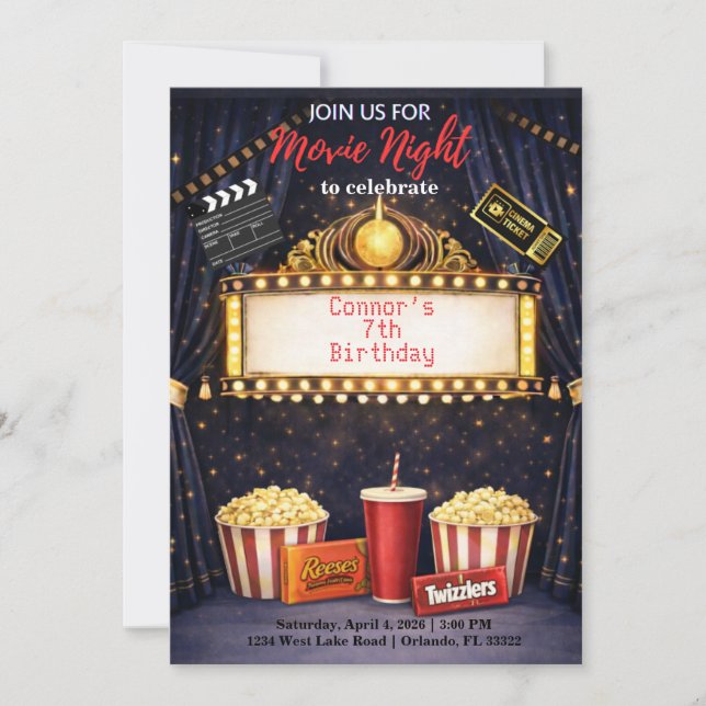 Movie Night Birthday Invitation  (Front)