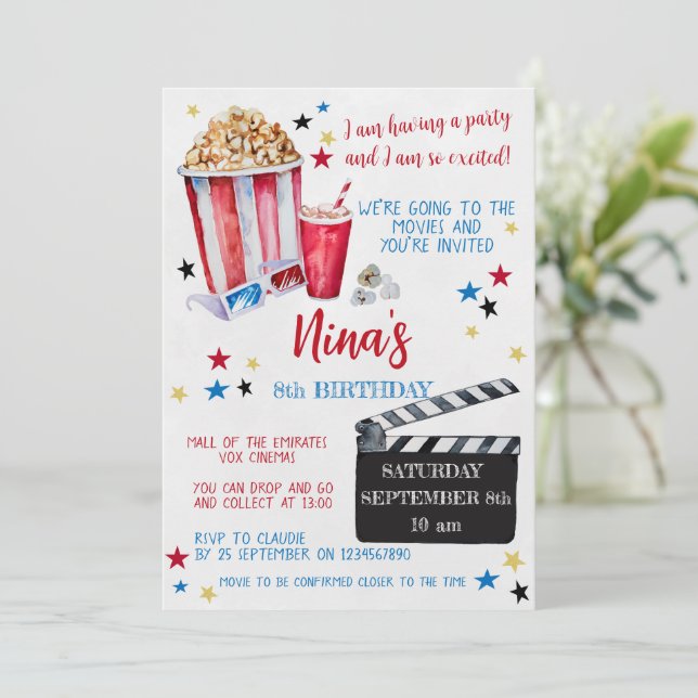 Movie Night Birthday Invitation, Cinema Invitation (Standing Front)
