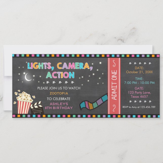 Movie Night Birthday Invitation Movie ticket Party (Front)