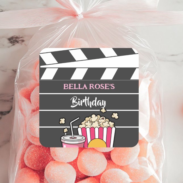 Movie Night Birthday Party For Girls Square Sticker (Creator Uploaded)