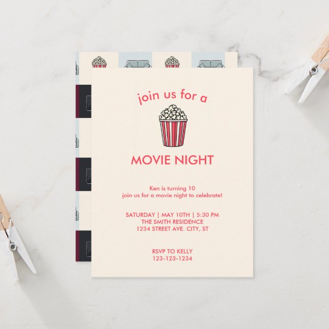 Movie Night Birthday Party Invitation (Front/Back In Situ)