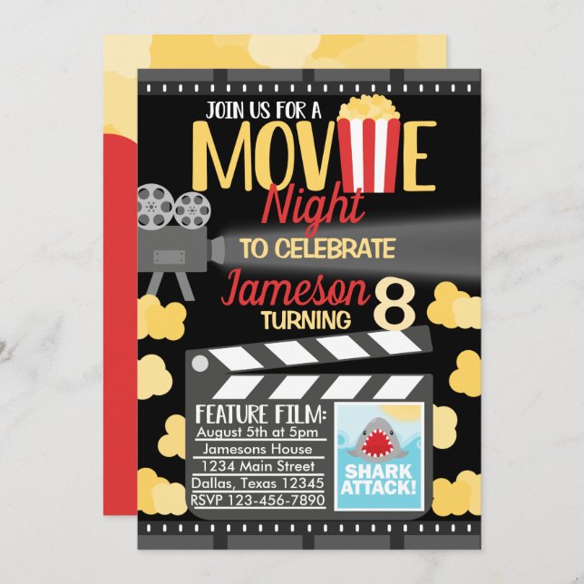 Movie Night Birthday Party Invitation Invite (Front/Back)