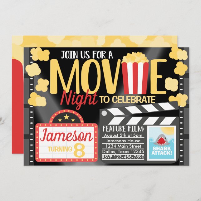 Movie Night Birthday Party Invitation Invite (Front/Back)