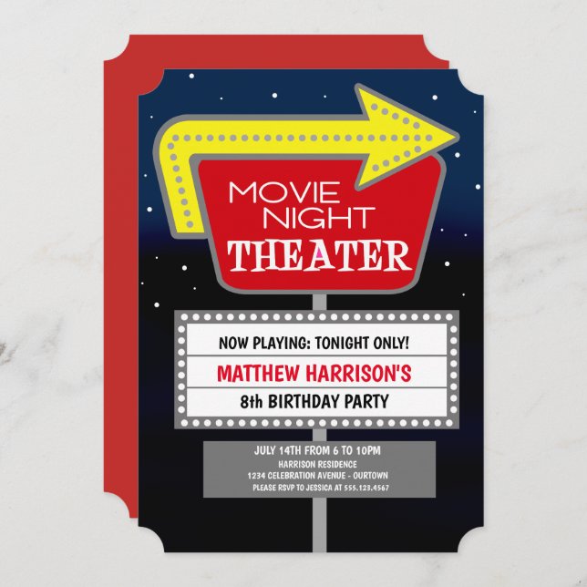 Movie Night Birthday Party Invitations (Front/Back)