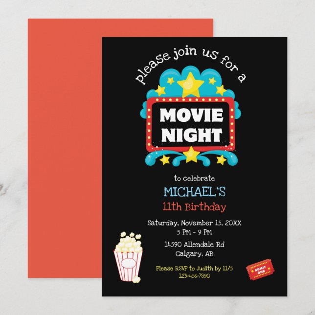 Movie Night Birthday Party Kids Popcorn Film Cute Invitation (Front/Back)