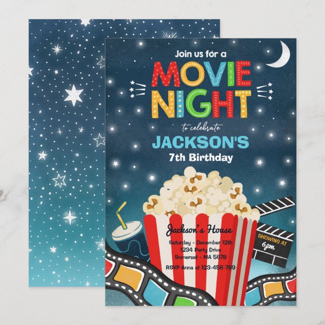 Movie Night Birthday Party Movie Sleepover Popcorn Invitation (Front/Back)