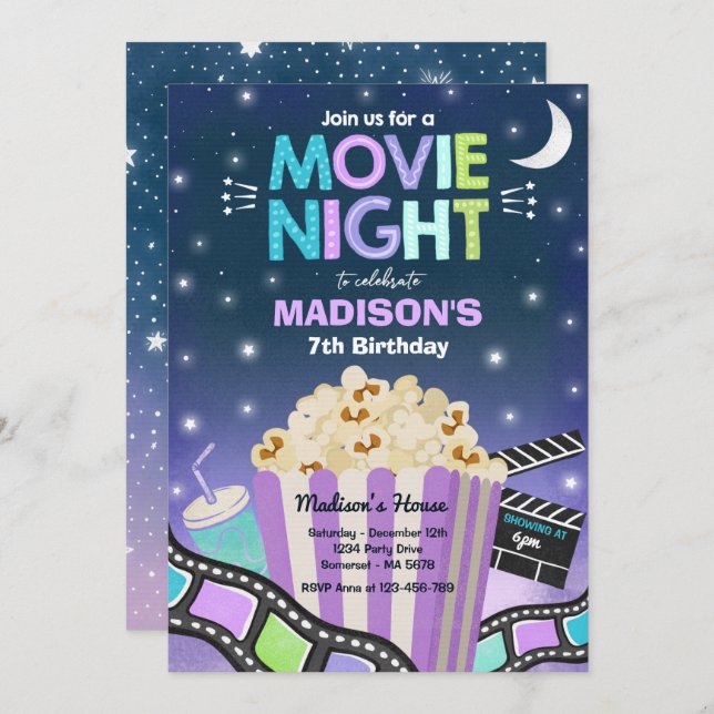 Movie Night Birthday Party Movie Sleepover Popcorn Invitation (Front/Back)