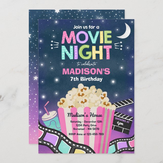 Movie Night Birthday Party Movie Sleepover Popcorn Invitation (Front/Back)