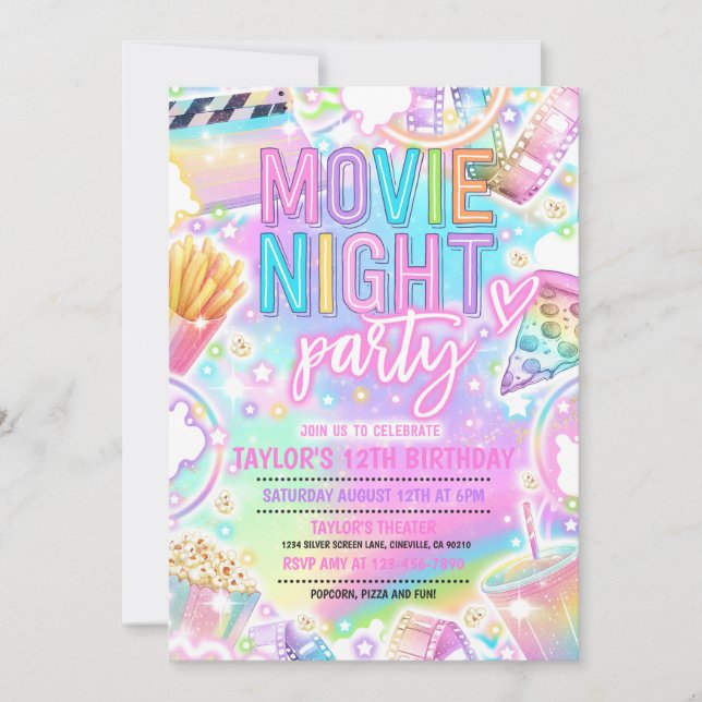 Movie Night Birthday Party Pastel Rainbow Movie Invitation (Front)