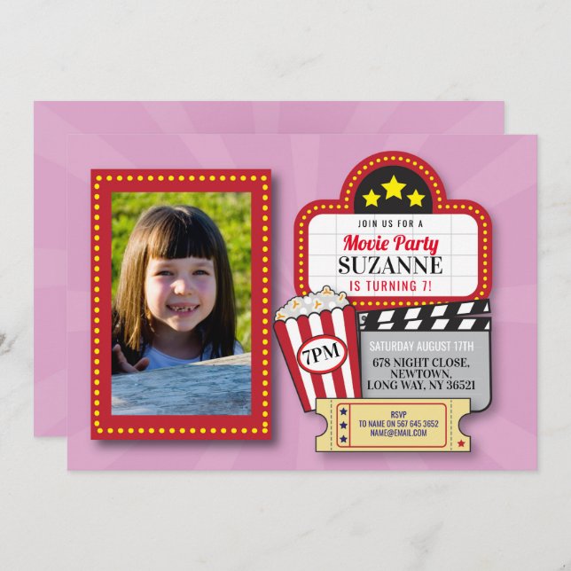 Movie Night Birthday Party Pink Film Cinema Photo Invitation (Front/Back)
