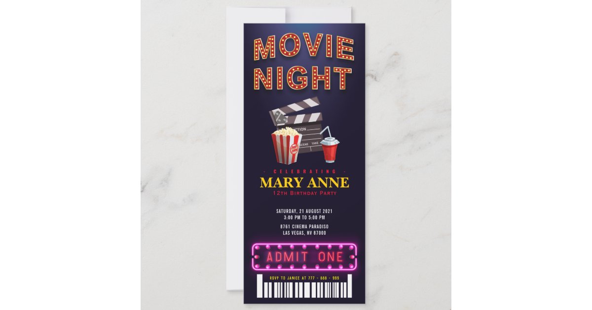 Movie Night Birthday Party Ticket Pass Birthday Invitation | Zazzle
