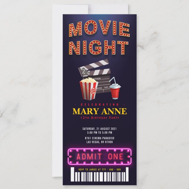 Movie Night Birthday Party Ticket Pass Birthday Invitation (Front)