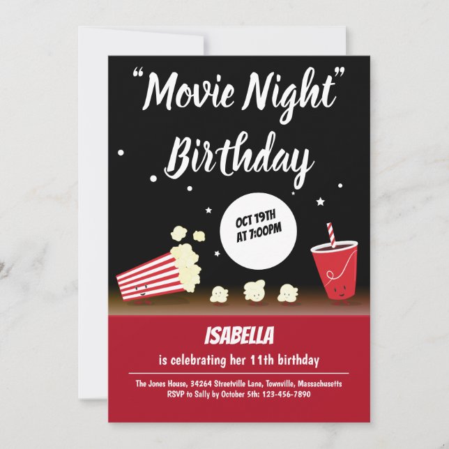 Movie Night Birthday Popcorn Drink Black Red Invitation (Front)