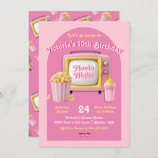 Movie Night Doll Retro Pink TV Birthday Party Invitation (Front/Back)