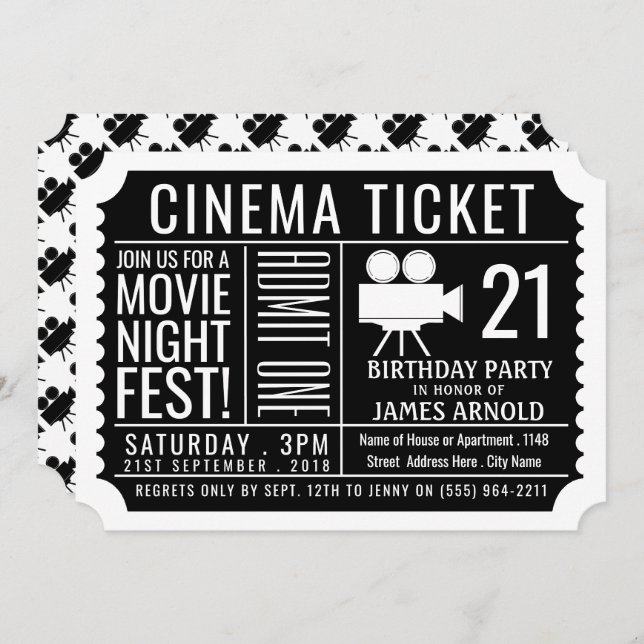 Movie Night Fest, Cinema Ticket, Birthday Party Invitation (Front/Back)