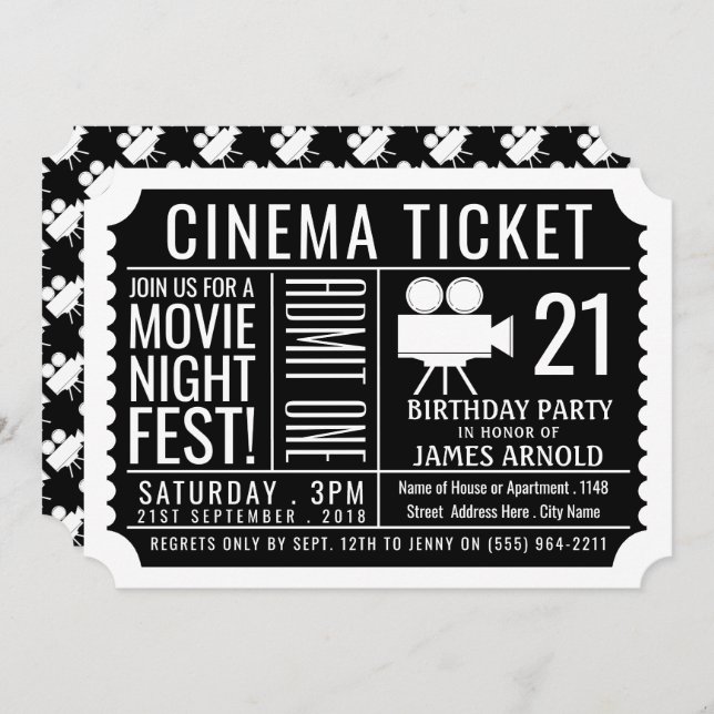 Movie Night Fest, Cinema Ticket, Birthday Party Invitation (Front/Back)