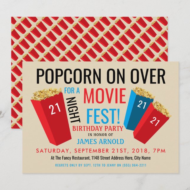 Movie Night Fest, Popcorn Box Birthday Party Invitation (Front/Back)