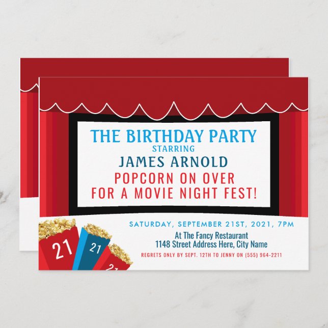Movie Night Fest, Popcorn Cinema Birthday Party Invitation (Front/Back)