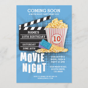 Movie Night Film Cinema Birthday Party Blue Invite