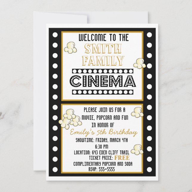 Movie Night Film Strip Popcorn Birthday Invitation (Front)