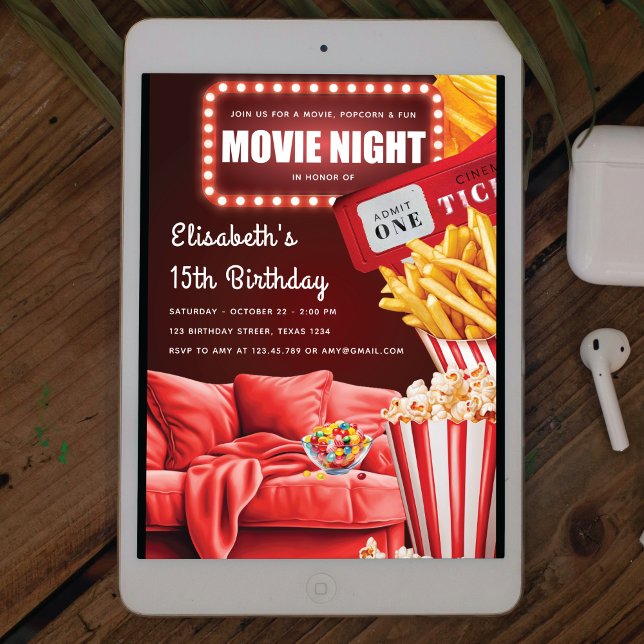 Movie Night Fun Modern Red Birthday Invitation (Creator Uploaded)