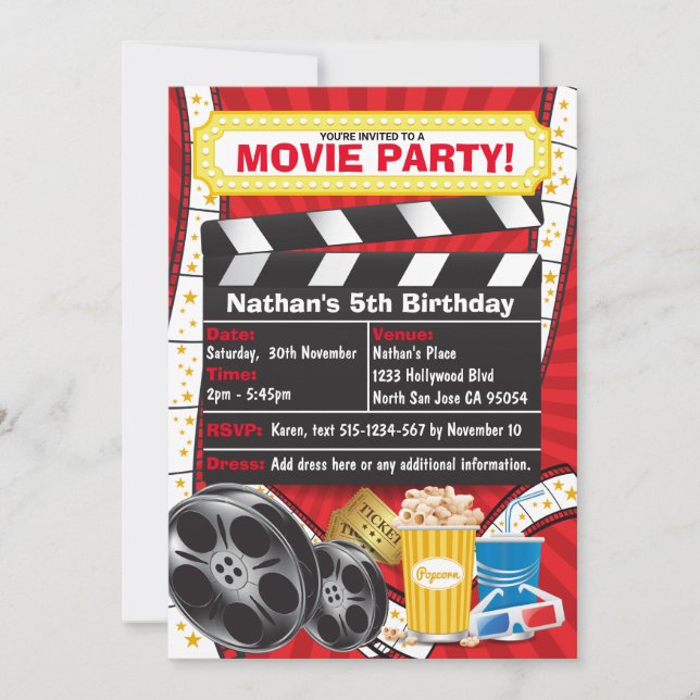 Movie Night Hollywood Clapper Birthday Invitation (Front)