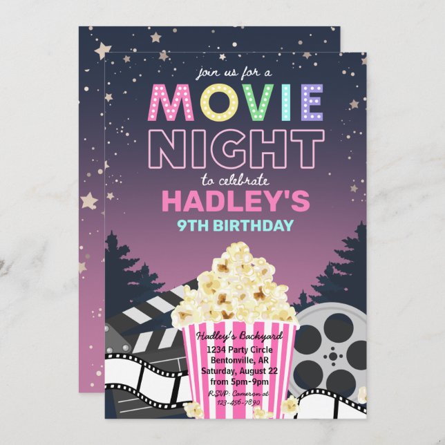 Movie Night Invitation | Movie Birthday Invitation (Front/Back)
