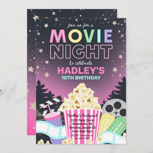 Movie Night Invitation | Movie Birthday Invitation (Front/Back)