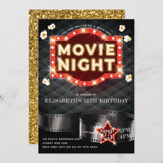 Movie Night Luxury Gold Glitter Invitation (Front/Back)