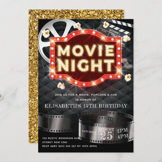 Movie Night Luxury Gold Glitter Invitation (Front/Back)