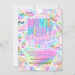 Movie Night Pajama Pastel Rainbow Birthday Party Invitation