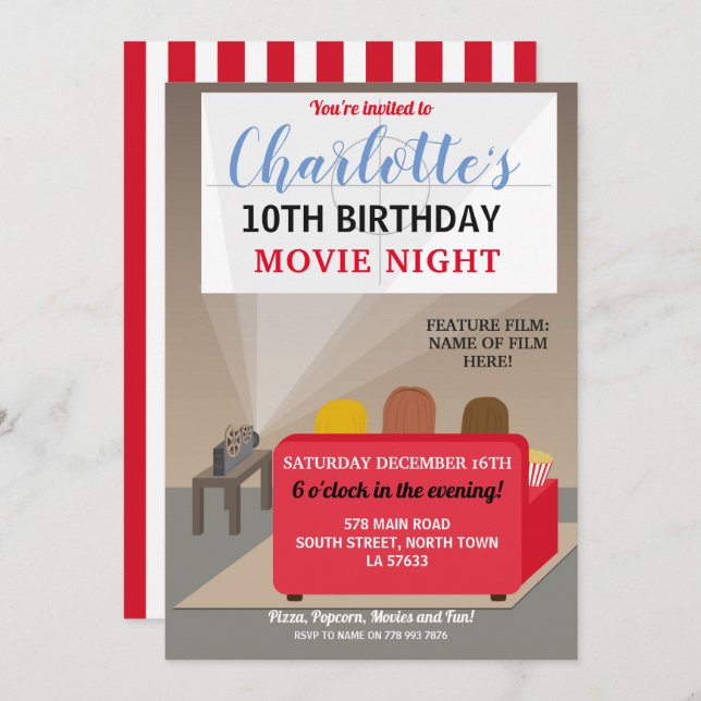 Movie Night Party Kids Film Movies Cinema Birthday Invitation (Front/Back)