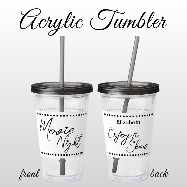 Movie night personalised name white black acrylic tumbler (Creator Uploaded)