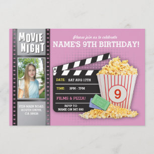 Movie Night Pink Cinema Birthday Party Photo Invitation