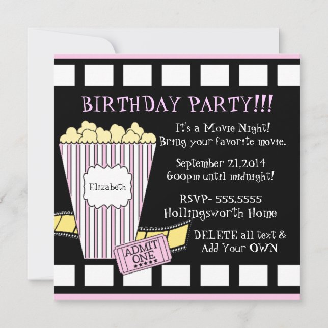 Movie Night Popcorn Film Strip Party In Pink Invitation (Front)