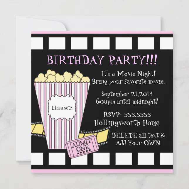 Movie Night Popcorn Film Strip Party In Pink Invitation | Zazzle