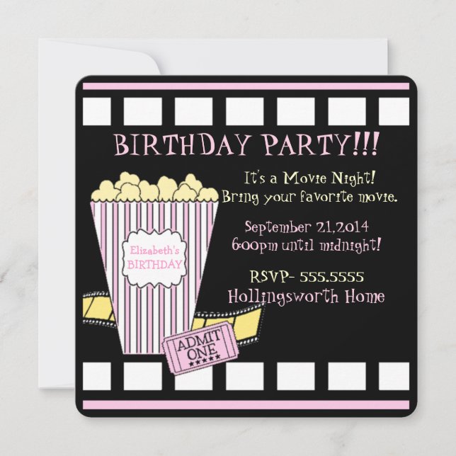 Movie Night Popcorn Film Strip Pink Girls Party Invitation (Front)